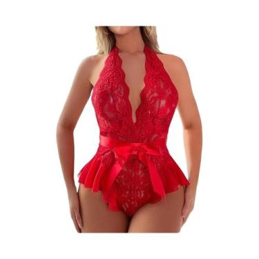 Imagem de Pijama Feminino Sensual De Renda Transparente Com Decote V E Costas Ab