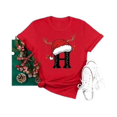 Imagem de Camiseta Feminina Vermelha De Natal Com Alfabeto, Estilo Casual, Manga