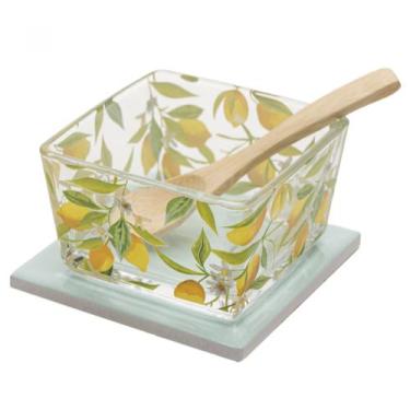 Imagem de Kit Petisqueira Vidro + Colher Bambu + Suporte de Cerâmica Limão Sicil