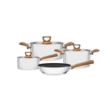 Imagem de Jogo de Panelas Brava com Caçarola e Frigideira em Aço Inox 1,4L 2,4L 2,9L 4,7L Amadeirado