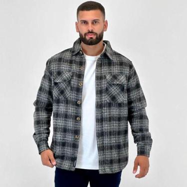 Imagem de Camisa Invicci Flanela Xadrez Manga Longa Masculina, P, Cinza