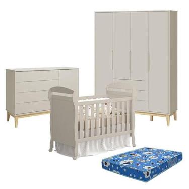 Imagem de Quarto de Bebê 4 Portas com Cômoda com Porta Elfe Classic e Berço Amer