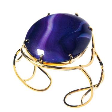 Imagem de Bracelete Fixo Pedra Natural Ágata Lilás Grande Dourado - CristaisdeCu