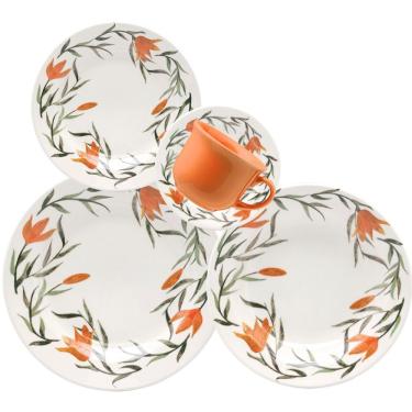 Imagem de Aparelho de Jantar Donna Lírios 20 Peças Cerâmica Floral para 4 Pessoas Branco Laranja e Verde Oxford