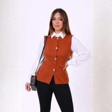 Imagem de Colete Feminino Alfaiataria Acinturado Botões Dourados Elegante Social