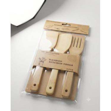 Imagem de Kit 3 Peças Utensílios De Bambu Natural Preparo Servir Gourmet - Shanp