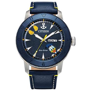 Imagem de Citizen Relógio masculino de quartzo da Disney Eco-Drive, aço inoxidável com pulseira de couro, pato Donald, azul (modelo: AW0075-06W), Prateado