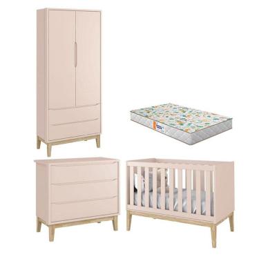 Imagem de Quarto de Bebê 2 Portas e Cômoda Gaveteiro New Classic Rosa com Pés Madeira Natural e C...