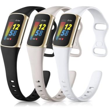 Imagem de Maledan Pacote com 3 Pulseiras Esportivas Macias e Finas à Prova D'água, Compatíveis com Fitbit Charge 5, Preto/Cinza/Branco, Tamanho Unissex 13 a 21 cm
