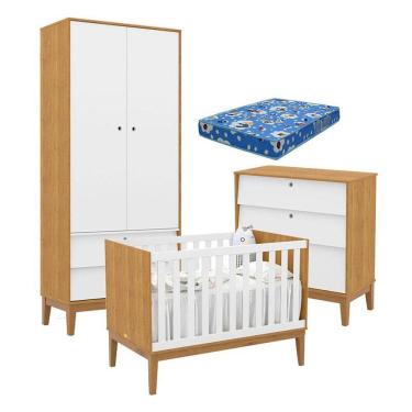 Imagem de Quarto de Bebe Unique 2 Portas com Cômoda Gaveteiro Freijó Branco Soft Eco Wood e Colchão Ortobom - Matic