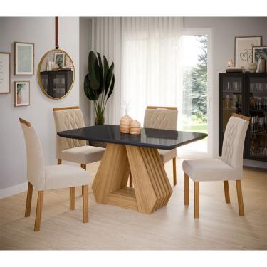 Imagem de Conjunto de Mesa de Jantar com Tampo de Vidro Chumbo Agata e 4 Cadeiras Juliana Suede Nude e Nature