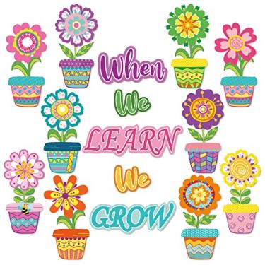 Imagem de Whaline 45 pçs recortes de primavera em vaso de flores com corte de 100 pçs pontos de cola coloridos quando aprendemos que crescemos recortes de papel decoração de quadro de avisos para sala de aula para sala de aula