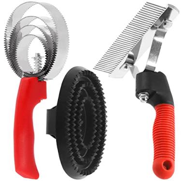 Imagem de Rustark 3 pçs pente reversível de aço inoxidável com curry escova de cavalo 4 anéis pente de curry de borracha grande tipo scotch conjunto de pente de curry de metal para vaca ovelha cão cavalo de cabra