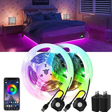 Imagem de Tiras de luz de movimento ativado sob a cama, 2x9,84 pés 5050 RGB LED Faixa de luz com controle de APP, sincronização de música, fonte de alimentação USB 5V, luz noturna regulável com temporizador de desligamento automático para cama, escada