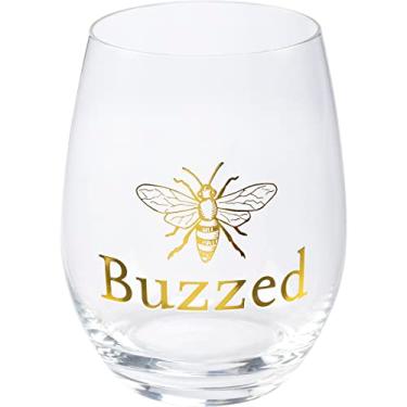 Imagem de Taça de vinho sem haste com a letra laminada dourada "BUZZED" com uma abelha 443 ml.