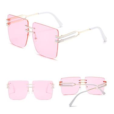 Imagem de Óculos de sol quadrados amarelos vintage femininos de luxo de metal sem aro superdimensionados óculos de sol claros uv400 produtos de tendência, ouro branco rosa, tamanho único