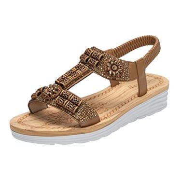 Imagem de Sandálias de verão vintage com strass com solas grossas para mulheres usando sandálias casuais de praia muffins lindas sandálias femininas plataforma (café, 38)