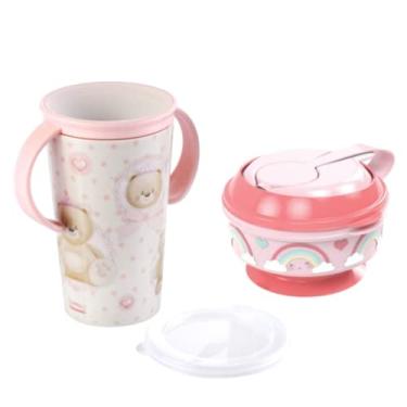Imagem de Kit refeição para bebê com copo 360 antivazamento e pote papinha com ventoza e colher e amassador inclusos (Copo Treinamento Bebê e Tijela Papinha Rosa)