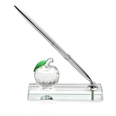 Imagem de Conjunto de canetas de mesa com suporte de caneta de cristal Apple e caneta de latão prateada, acessórios de mesa de escritório de cristal - presente para a apreciação do professor