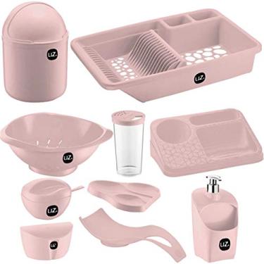 Imagem de Kit 10 Peças Utensílios Para Cozinha Com Lixeira e Escorredor de Louças Bpa Free UZ cor:Rosa