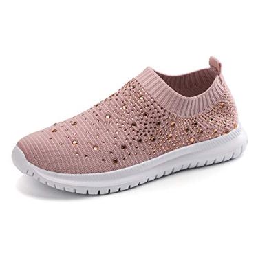 Imagem de Tênis feminino de malha para caminhada, strass, glitter, sem cadarço, para salão, jazz, dança latina, meia, rosa, 40