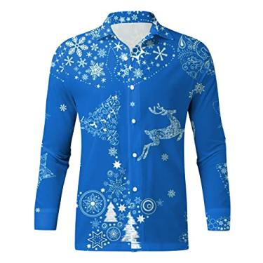 Imagem de Camisa de manga comprida masculina casual manga longa outono inverno Natal camisas impressas em 3D moda top masculino camisetas lisas, Azul, G