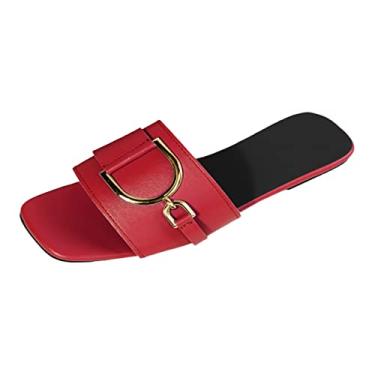 Imagem de Sandálias femininas casuais de fundo plano com botão quadrado cor sólida grande confortável sandálias felpudas P para mulheres chinelos, Vermelho, 7.5