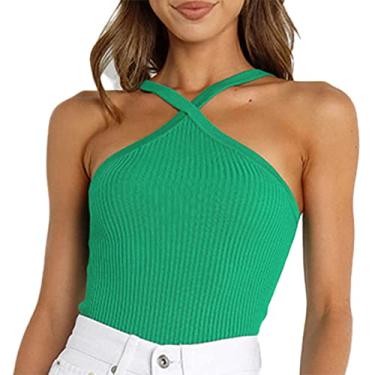 Imagem de Regatas Femininas, Malha Com Nervuras Sem Costas Design Feminino Cruzado Sem Mangas Halter Regatas Verão Fora do Ombro para Diariamente para Compras para o Trabalho (S)