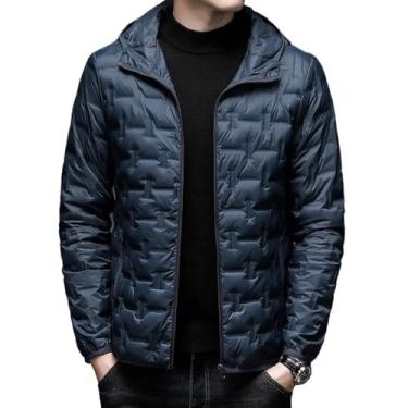 Imagem de nonono HM Casaco masculino quente com capuz jaqueta leve de penas de pato jaqueta curta branca jaqueta bomber zíper manga longa sólido agasalho 1, Azul-marinho, 3G