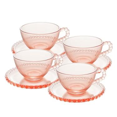 Imagem de WOLFF - Conjunto 4 Xícaras de Chá de Cristal com Pires Rosa 180ml - Linha Pearl