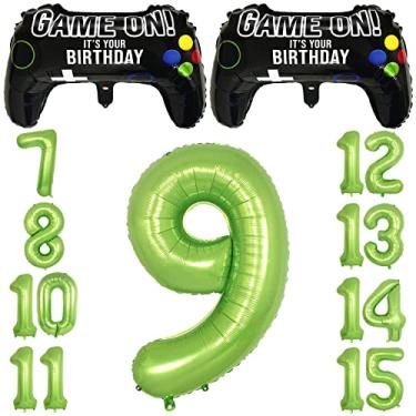 Imagem de Balões de festa de vídeo game para meninos decorações de 9 anos - 2 pacotes com controle de jogo de balões Mylar com números verdes 9