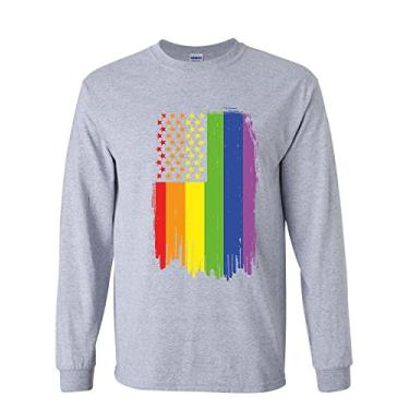 Imagem de Tee Hunt Camiseta de manga comprida com bandeira do arco-íris do orgulho gay envelhecido LGBTQ Love Wins, Cinza, P