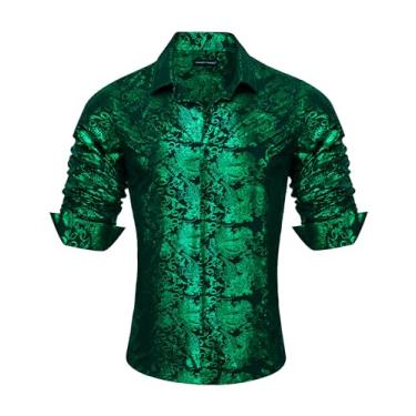 Imagem de Barry.Wang Camisetas masculinas Paisley Muscle Shirt vestido de seda botão manga longa regular tops moda flor casamento/formal, Estampa verde escuro, G