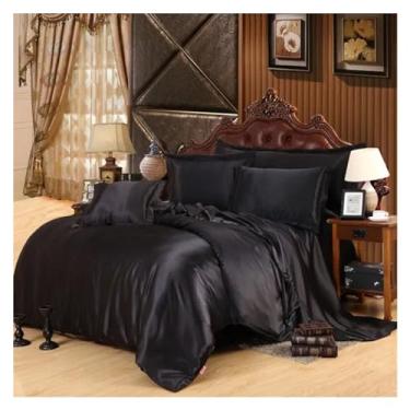 Imagem de Jogo de cama de cetim preto capa de edredom e fronhas de luxo lençol queen size cama de casal, lençóis de cama (A 150 x 200 cm 3 peças)