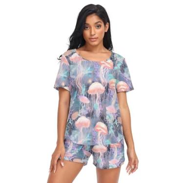 Imagem de CHIFIGNO Conjunto de pijama feminino de manga curta com duas peças, conjunto de pijama confortável com shorts, conjunto de pijama feminino, Água-viva rosa aquarela - 1, P