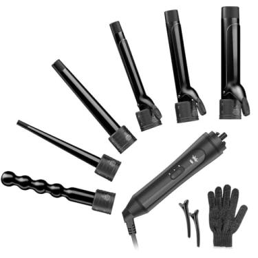 Imagem de Modelador de cachos 6 em 1, conjunto profissional de varinha de cachos instantânea com 6 barris de cerâmica intercambiáveis (0,35 a 3,25 polegadas) e 2 ajustes de temperatura, luva protetora contra
