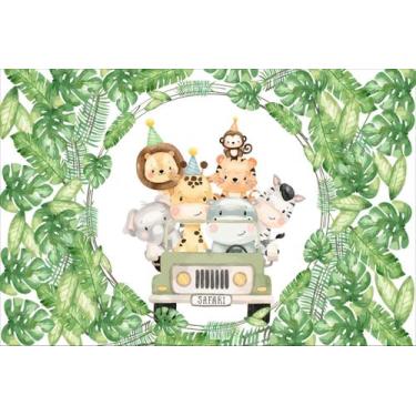 Imagem de Painel de Lona Safari Aquarela Animais no Jipe e Folhagem - Fabrika de