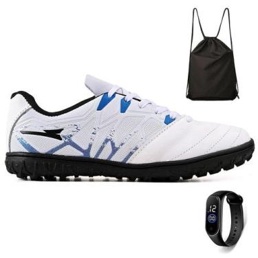 Imagem de Kit Chuteira Futebol Society Bico de Couro Grama Sintetica + Mochila +