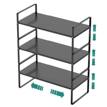 Imagem de Prateleira organizadora expansível para armário, suporte empilhável para balcão de cozinha, prateleira de despensa de altura ajustável, suporte de especiarias, resistente, antiderrapante, preto,
