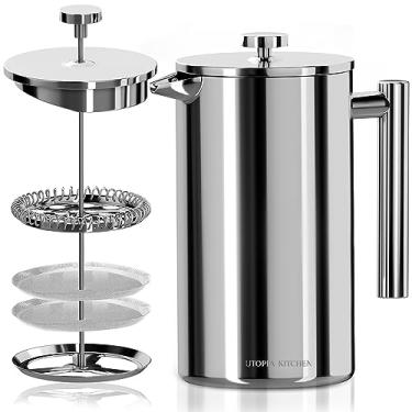 Imagem de Utopia Kitchen Cafeteira prensa francesa de aço inoxidável 304 g, prensa de café com isolamento de parede dupla com sistema de filtragem de 4 níveis, inclui 2 filtros extras, livre de ferrugem