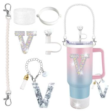 Imagem de Stanley Cup Accessories 850.5 g 1,134 g Glitter Silver, capa de canudo de diamante, pingente de letra, adesivo de letra, bota de silicone, suporte com alça incluído para copo Stanley