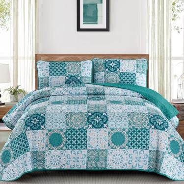 Imagem de Conjunto de colcha queen azul-petróleo, xadrez, boêmio, turquesa, patchwork, 3 peças, macio, leve, microfibra, boêmio, conjunto de cama para todas as estações, 244 x 228 cm