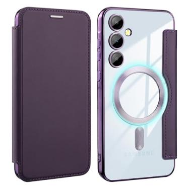 Imagem de Bizzib Capa para Samsung Galaxy A55 compatível com Magsafe Slim Fit Flip Capa carteira de couro PU protetora com bloqueio RFID slot para cartão embutido protetor de lente para Samsung Galaxy A55, roxo