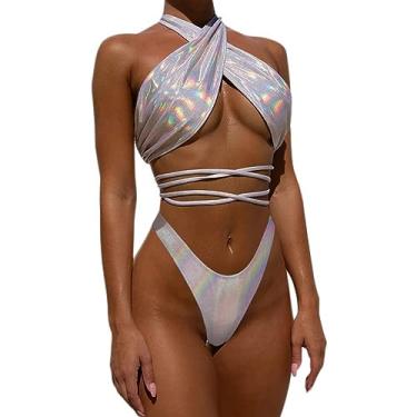 Imagem de JUMISEE Biquíni feminino neon brilhante holograma tiras sexy frente única calcinha fio dental para festa rave, Prata, M