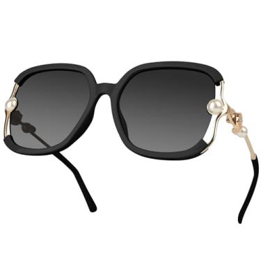 Imagem de MIZZEO Óculos de sol quadrados para mulheres e homens, óculos de sol aviador polarizados, óculos de sol femininos de tendência clássica brilhante grande armação pérola (lente cinza gradiente), Preto