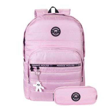 Imagem de Kit Mochila Costas Minnie Mouse Escolar Estojo Duplo Juvenil