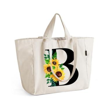 Imagem de AUSVKAI Sacola de lona para mulheres, bolsa de compras de girassol com zíper, bolso interno e alça de ombro longa alça curta, Letra B, Large