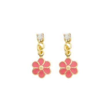Imagem de Brinco Infantil Menina Flor Rosa Folheado a Ouro 18k - Jhulias Joias e