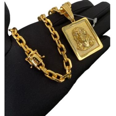 Imagem de Cordão Cadeado 8mm + Pingente Face De Jesus - Banhado a Ouro - ToJoia1