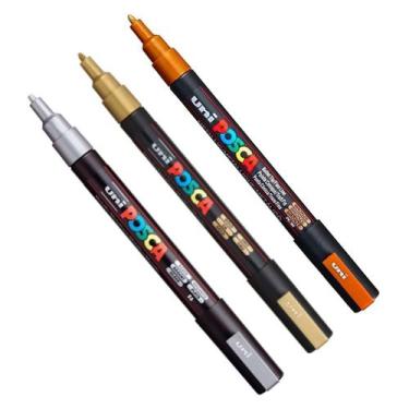 Imagem de Kit 3 Posca PC-3M PRATA OURO BRONZE 0.9-1.3mm Uniball - Uni-ball